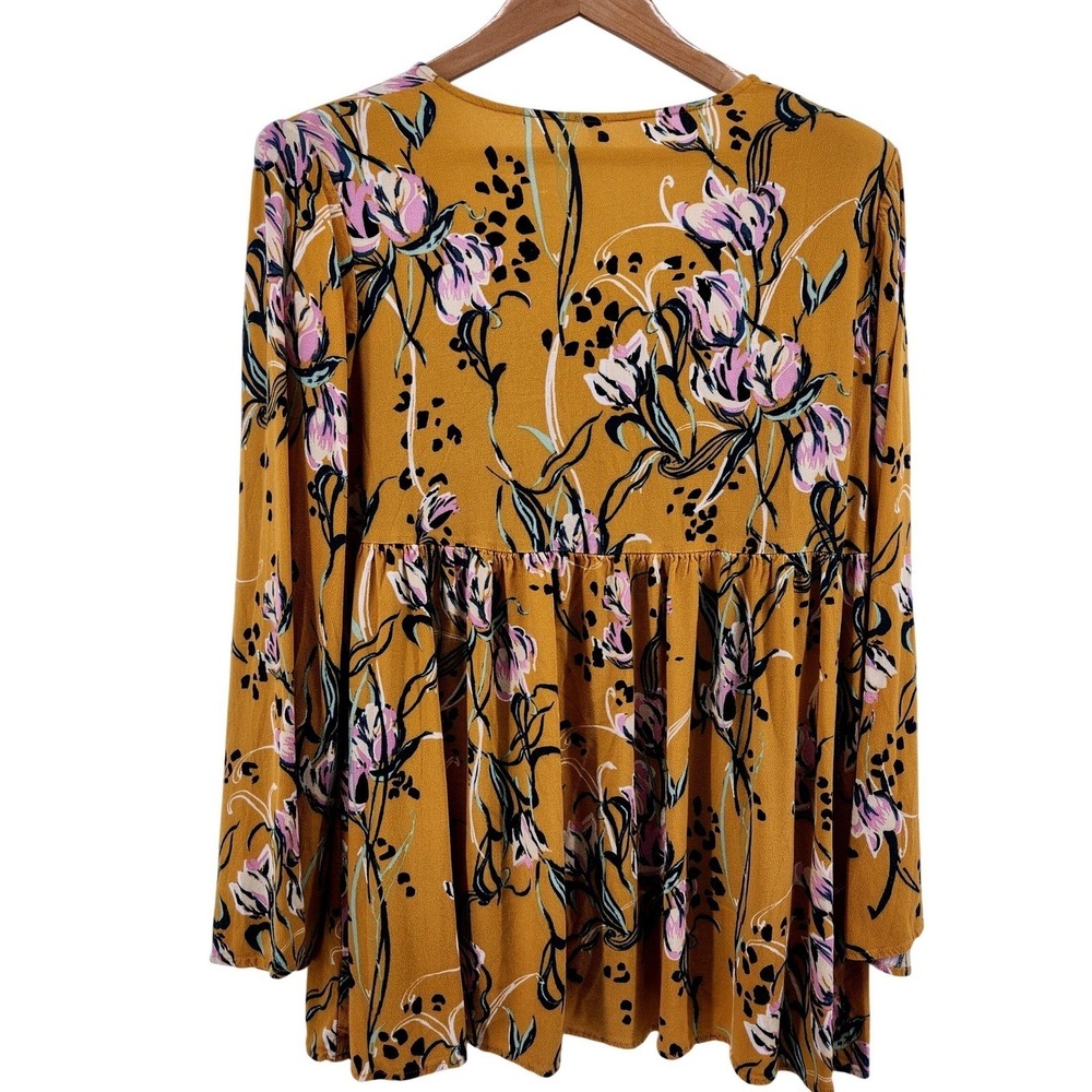 Free People Bella Floral Babydoll Blouse Medium Yellow Boho Bell Sleeve Festival - Picture 3 of 7